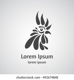 Logo with rooster head on a light background. The stylized image of a bird.