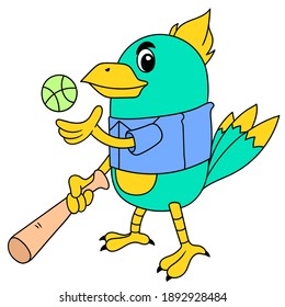 logo of a rooster playing baseball, character cute doodle draw. vector illustration
