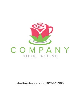 Logo rose cafe, with flower like as mug coffee or tea. vector icon illustration
