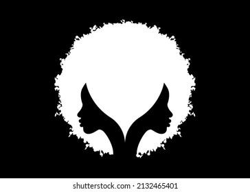 logo round design African american woman face profile with curly afro hair. Women profile hairstyle silhouette on the black background. Vector illustration isolated