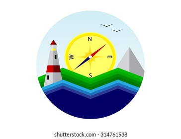  Logo of a round form, sea, compass and beacon