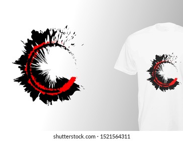 Logo round grunge print. Stylish t-shirt and apparel modern design with fashion black and red splash circle, vector isolated. Global swatches, Design Templates, Ideas, and Inspiration for printing