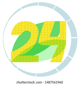 Logo of the round-the-clock operation of any trade organization: "24 hours". The figures are drawn in the form of corn with leaves on the background of the dial. This can be used for grocery store.
