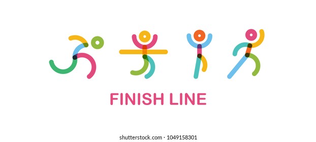 Logo For Running Marathon. Silhouette Runner At Finish Line. Flat Symbol Vector Illustration