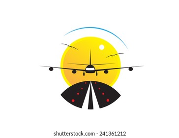 logo. A runway and the plane against the sun