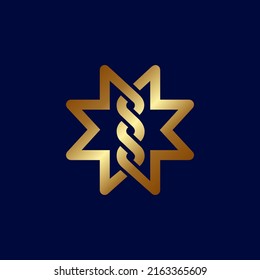 The logo is an S and M ambigram and monogram. Gold color on a dark background.