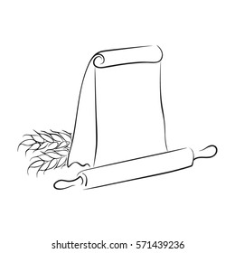 Logo sack of flour, rolling pin and wheat ear on a white background. Hand drawing flour bag outline. Vector illustration design logo. Logo for the bakery, confectionery, factory and cafes.