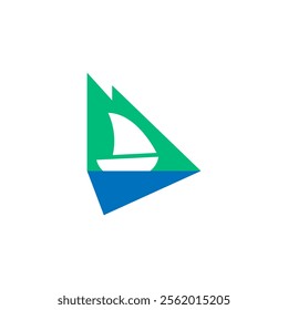 Logo of a sailboat with a sail floating on water. Isolated vector illustration on white background.