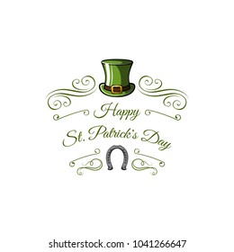 Logo for Saint Patricks Day with green leprechaun hat, horseshoe and swirls. Vector illustration.