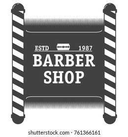 Logo salon of hairdressing salon with the text and an edge of the razor. Vintage a retro glass  old barber shop poles with strips.Vector in flat style.