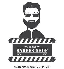 Logo salon of hairdressing salon with the text and an edge of the razor.The man with a beard and moustaches in sunglasses.Vintage a retro glass  old barber shop poles with strips.Vector in flat style.