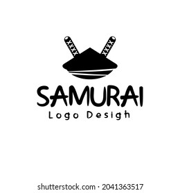  Logotipo de Sombrero Negro Samurai con rodajas y Katana. Adecuado para la Industria Creativa, Multimedia, el entretenimiento, Tienda y cualquier negocio relacionado