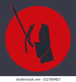 Logo-Samurai in rotem Kreis mit Schwert auf grauem Hintergrund