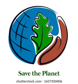 Logo Save the planet. Planet earth icon in the hands of people. green leaf and blue planet. Man holds the planet. Earth in the hand. Environment protection. Environment protection