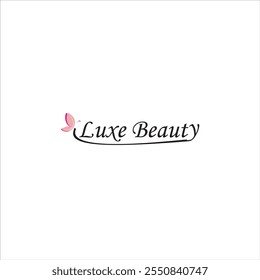 El logotipo dice Luxe Beauty con un icono de mariposa rosa y negro