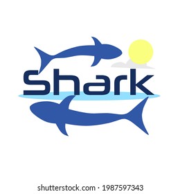 The logo says "shark" with an illustration of a blue shark above and below the text. There is a sun in the form of a yellow circle