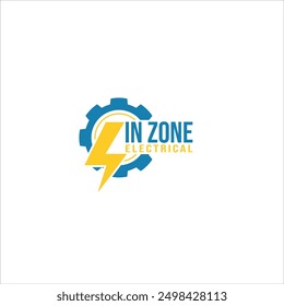 Das Logo sagt In Zone Electrical mit einer blauen und gelben Ausrüstung und Blitzsymbol