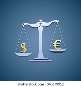 Logo Scales with dollar and euro. Flat design. Stock vector illustration.