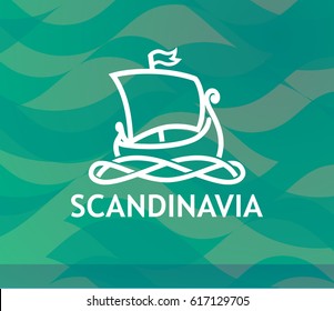 Logo of Scandinavian Drakkar in white Lineart Style on dark turquoise textured background. Modern Decor of Tour to Scandinavia.