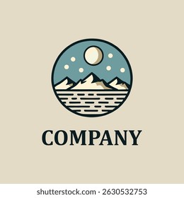 logo Scenic night landscape with majestic mountains, tranquil lake, and glowing moon. Ideal for naturethemed designs, travel brochures, and inspirational content.