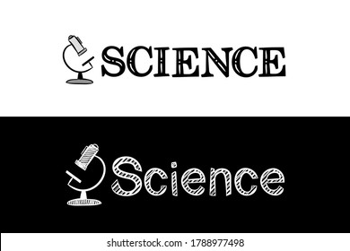 Logo for the Science school subject. Hand-drawn icon of microscope with title. Science emblem in chalk style on a black chalkboard. Vector illustration for poster, banner or education project.