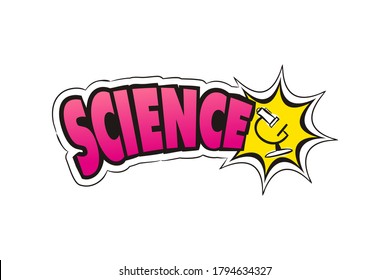 Logo for the Science school subject. Hand-drawn icon of microscope with title. Science emblem in pop art style. Vector illustration for sticker, badge, poster, banner or education project.