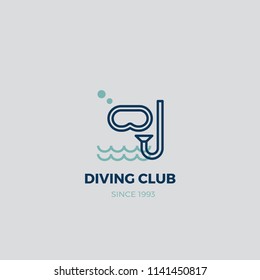 Logo for scuba diving club and diving school. Concept for logo, shirt, print or stamp. Typography design with diving mask with snorkel for Diving, Sport water, and Underwater activities.