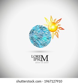 Logo sea in a circle and sun. Vector illustration