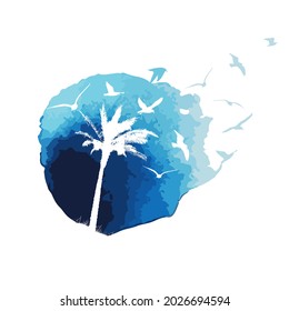 Logo sea, palm trees and seagulls. Vector illustration