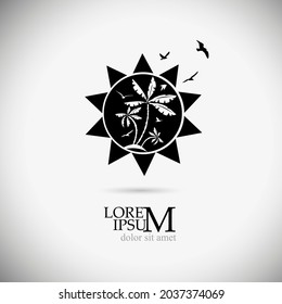 Logo sea, palm trees and seagulls. Vector illustration
