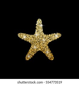 Logo Of The Sea Star. Silhouette Of A Marine Animal Of The Glittery Powder On A Black Background. Gold Star.