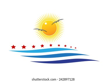 logo. Sea and stars, sun and couple of birds