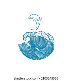 Logo sea wave with dolphin . Vector illustration