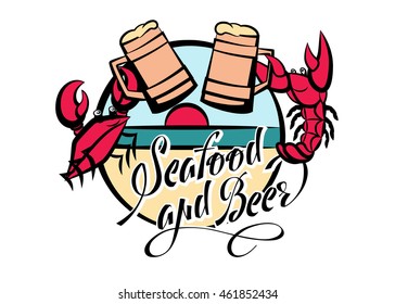 Logo seafood and beer lettering. Crayfish and crab red with glasses of beer on the beach. Vector illustration.