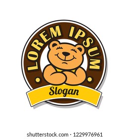 Logo / seal of sweet bear editable illustrated vector template, circle for business name ribbon for slogan.