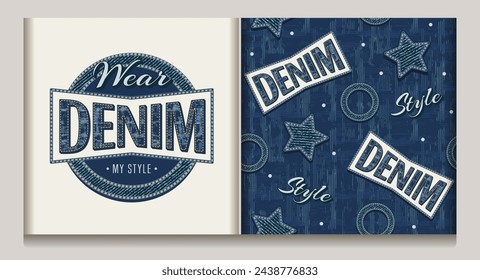 Logo, seamless denim pattern with text, denim fabric patches. Illustration in vintage style on dark textured background. For clothing, t shirt, surface design.