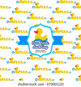 Logo and seamless pattern for baby and toddler swimming lessons business with a character yellow rubber duckling.