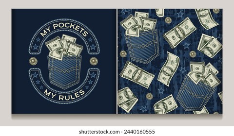 Logo, seamless pattern with denim back pocket, 100 USD dollar notes, stars, scattered jeans buttons. Blue grunge abstract texture with criss crossed lines on background. Vintage style