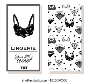 Logo and seamless pattern for Fashionable women's lingerie collection, vector illustration sketch. BRAND STYLE of women's lace underwear, panties, bras, corsets, bodies, garters, stockings, pajamas,