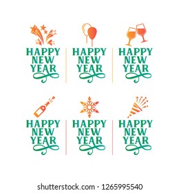 Logo set of 2019 Happy New Year. Vector Holiday Illustration With Lettering Composition with celebration icons