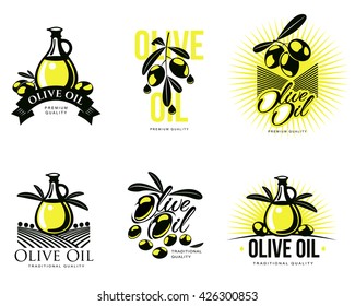 Logo Set about olive oil, vector illustration logos isolated on a white background. simple logos with olives and oil, black and yellow color design symbols