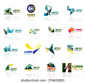 Conjunto de logotipos, iconos de negocios geométricos abstractos, estilo de papel con elementos brillantes