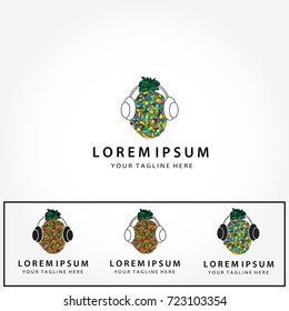 Logo set. Abstract minimalist low poly style pineapples with headphones logos.Modern geometric trendy music logo types.Typography design.Vector illustration.