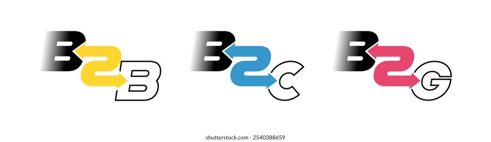 Logo-Set von B2B-, B2C- und B2G-Geschäftsmodellen mit farbcodierten Pfeilen. Kann für Präsentationen, Artikel, Infografiken und Business verwendet werden. Vektorgrafik