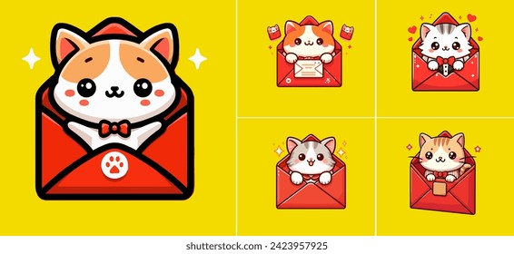 logo set of chibi cat isolated on a yellow lucky envelope background