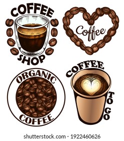 Logo set for coffee shop, organic coffee beans, coffee to go isolated on white background. Heart shape, sketch hand drawn cup, mug, drinks, engraving espresso, retro cafe label. Vector illustration.