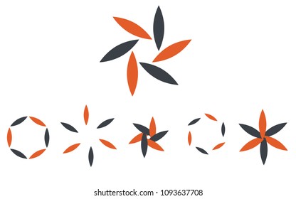 Logo set in colors orange and grey, the shape of a flower, the shape of rotating blades, moving energy.6 pieces, consisting of 6 elements.Organic eko style in popular color combination.