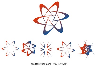 Logo set in colors red and blue, the shape of a flower, the shape of rotating blades, moving energy.6 pieces, consisting of 6 elements, space and planet; gradient popular style