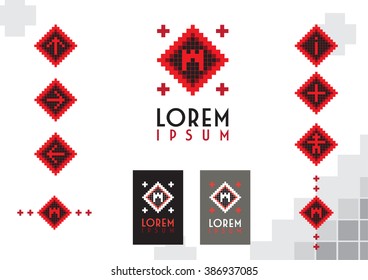 logo set and corporate identity with castle, fortress, bastion and other decoration elements for city tourism in pixel design and folk art style