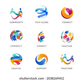 Logo set, creative, technology, biotechnology, tech icons concept design. Colorful abstract logos of creativity, community, ideas and support 